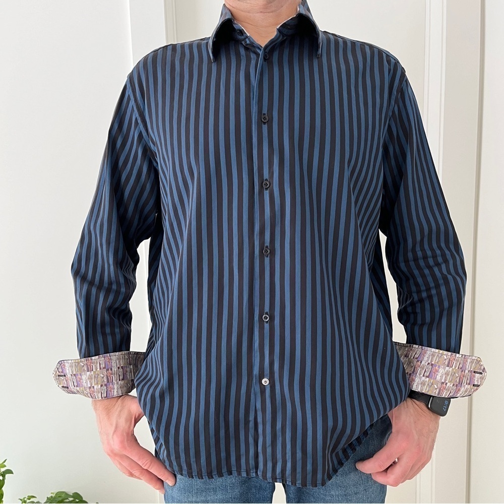 ROBERT GRAHAM Long Sleeve Button Front Shirt Blue Stripes Contrast Cuff Office